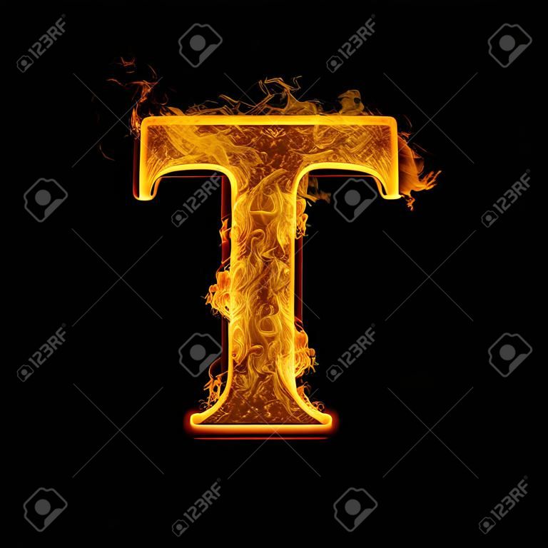 Fire alphabet letter T isolated on black background.