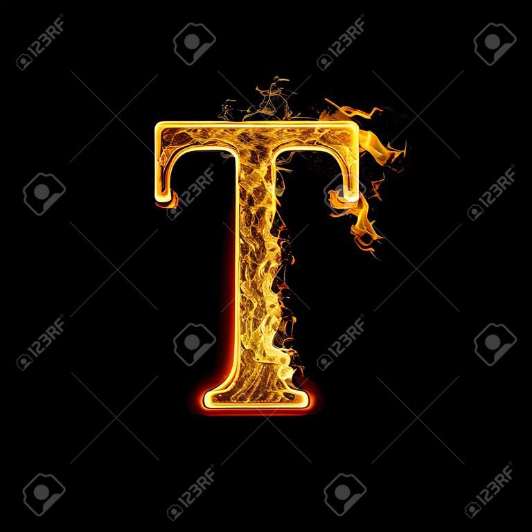 Fire alphabet letter T isolated on black background.
