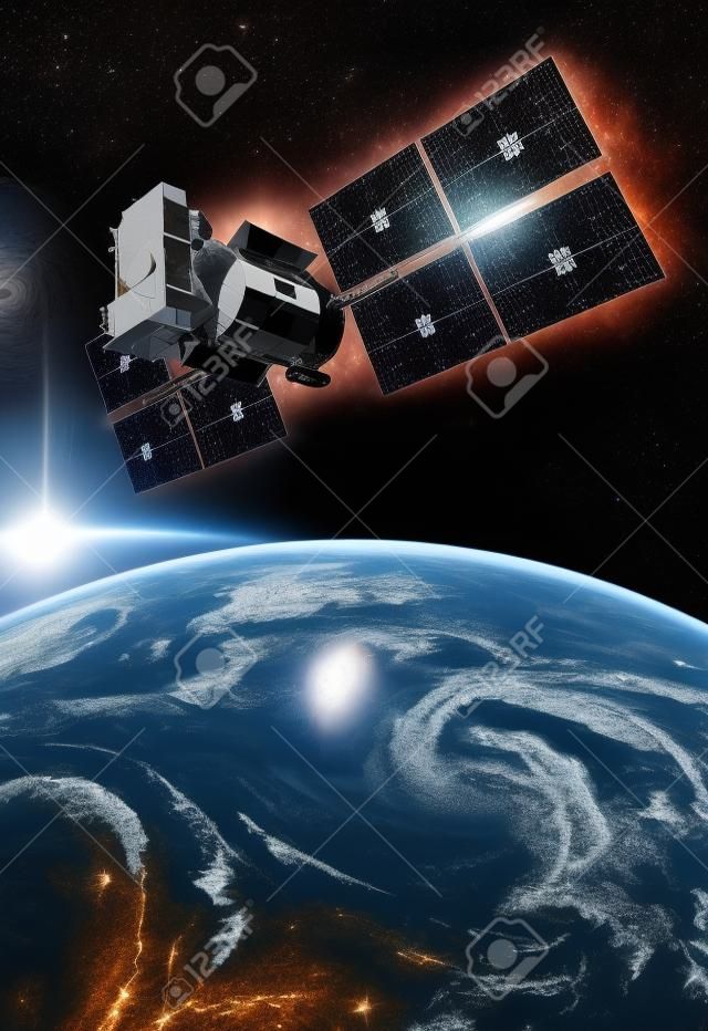 Ruimtesatelliet die om de aarde draait. Elementen van dit beeld die door NASA zijn gemeubileerd.