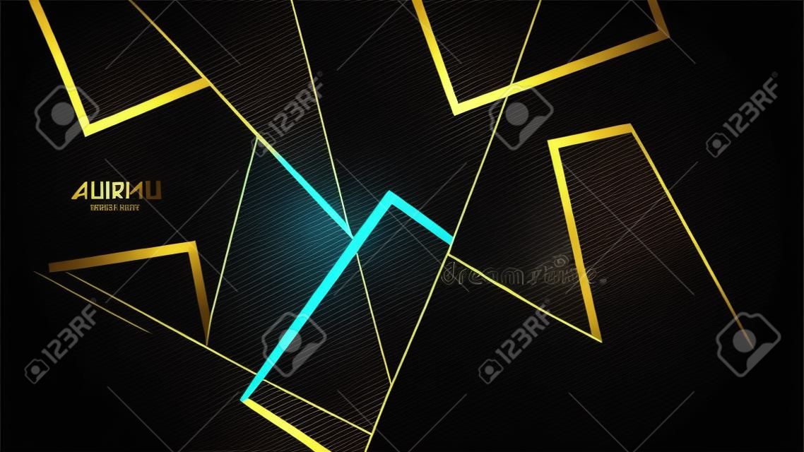 Abstract black background with line stripes and black paper layers. Decoration with golden square frame. Vector illustration