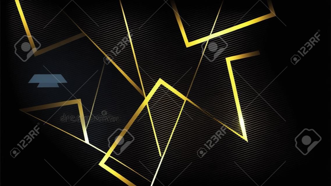 Abstract black background with line stripes and black paper layers. Decoration with golden square frame. Vector illustration