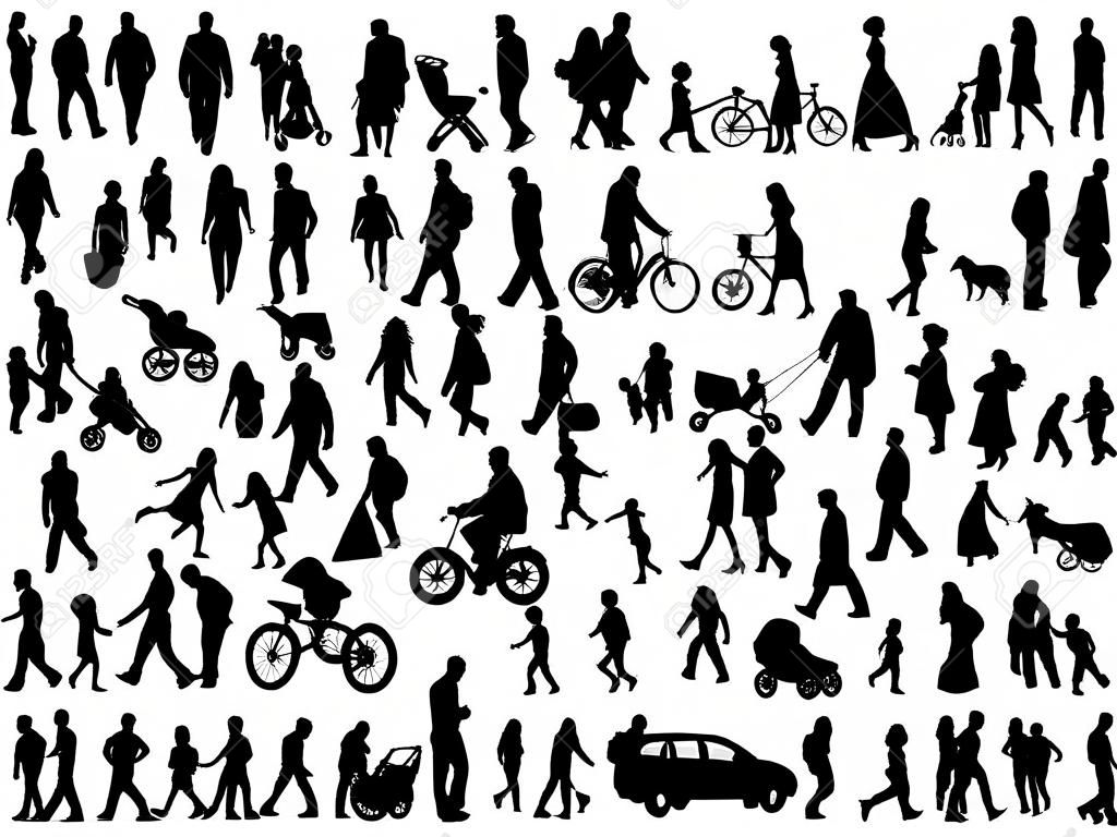 白い背景の上の 50 人の黒いシルエット上の別の。ベクトル イラスト。家族、友人、ダンサー、子供、男を歩いてください。