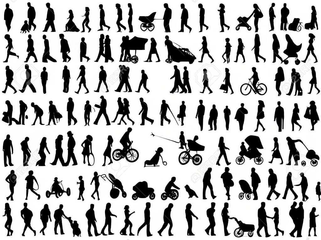 白い背景の上の 50 人の黒いシルエット上の別の。ベクトル イラスト。家族、友人、ダンサー、子供、男を歩いてください。