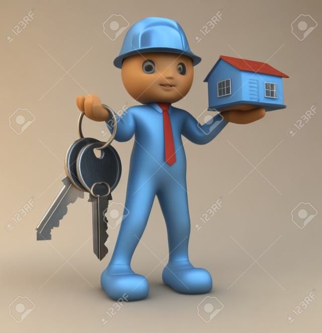 3d Leute - menschliches Zeichen, Person mit Schlüssel in der Hand, und ein Haus. Builder Ingenieur. 3d render