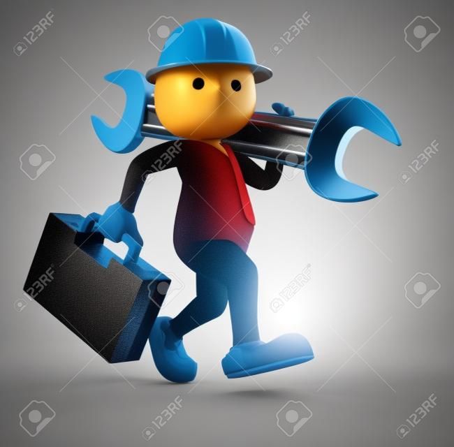 3d gente - hombre, persona con caja de herramientas y llave inglesa. Ingeniero