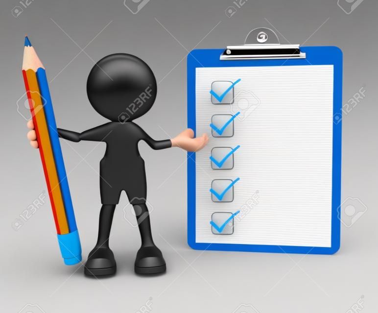 3d mensen - mens, persoon met een potlood en een klembord Checklist