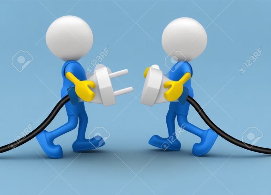 3d people -  men, person connecting a cable. Electric plug