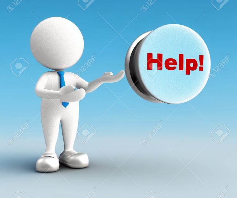 3d gente - hombre, persona y botón con la palabra "help"
