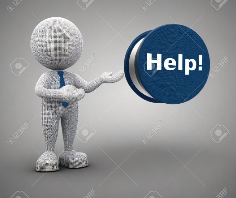 3d people - man, person and button with word " help" 