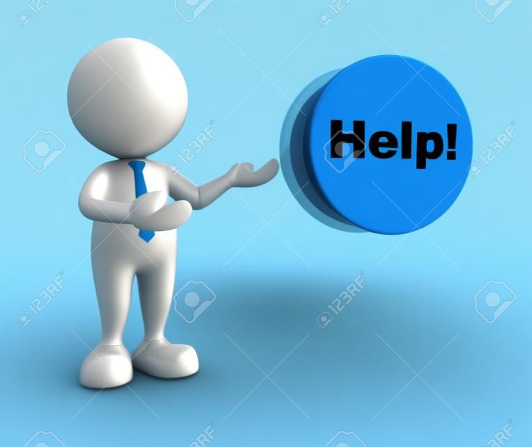 Persone 3d - uomo, persona e il pulsante con la parola "aiuto"