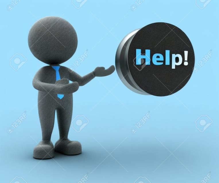 3d people - man, person and button with word " help" 