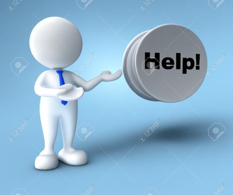 3d gente - hombre, persona y botón con la palabra "help"
