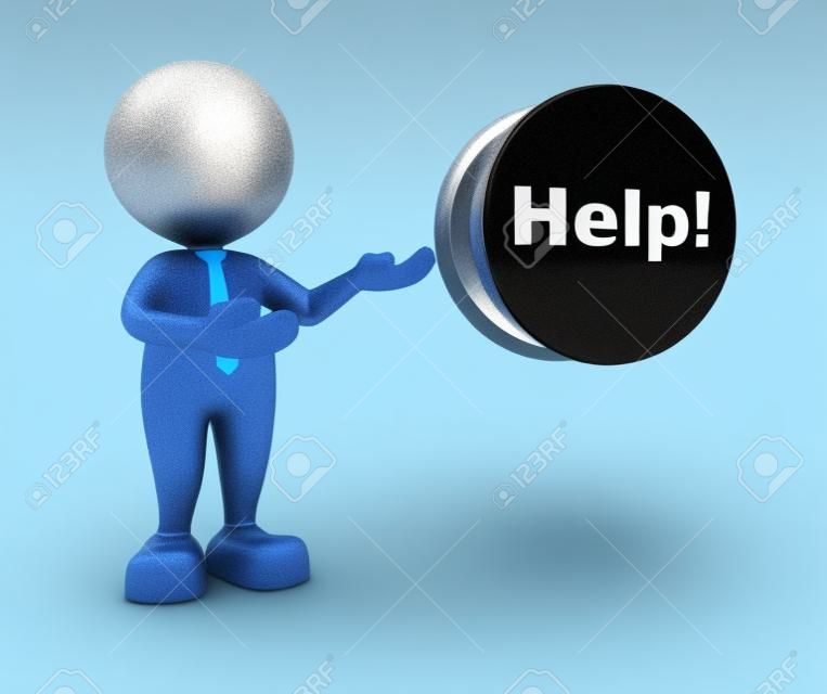 Persone 3d - uomo, persona e il pulsante con la parola "aiuto"