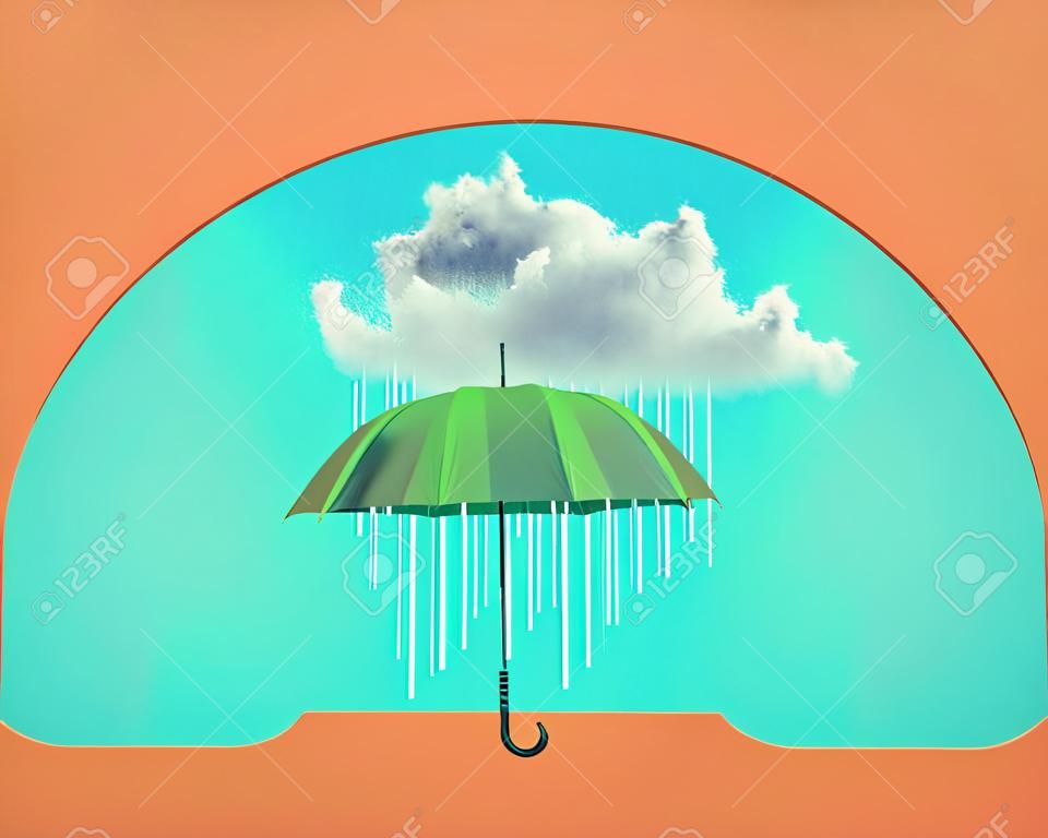 A umbrella under a rainy cloud on blue background.  This is a 3d render illustration.