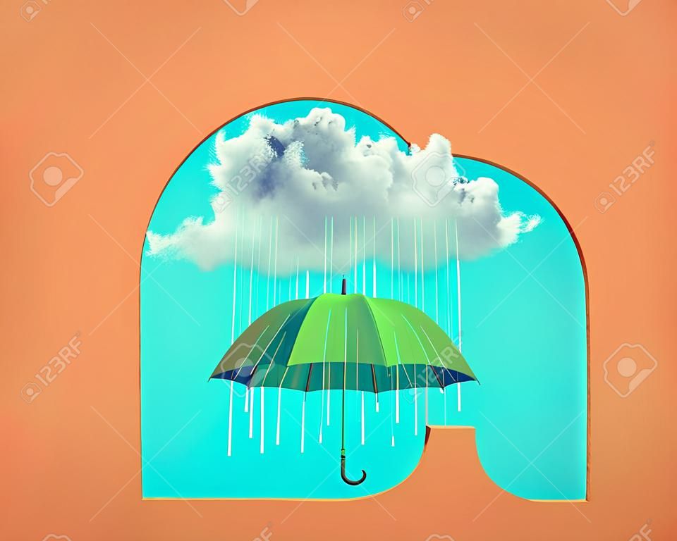 A umbrella under a rainy cloud on blue background.  This is a 3d render illustration.