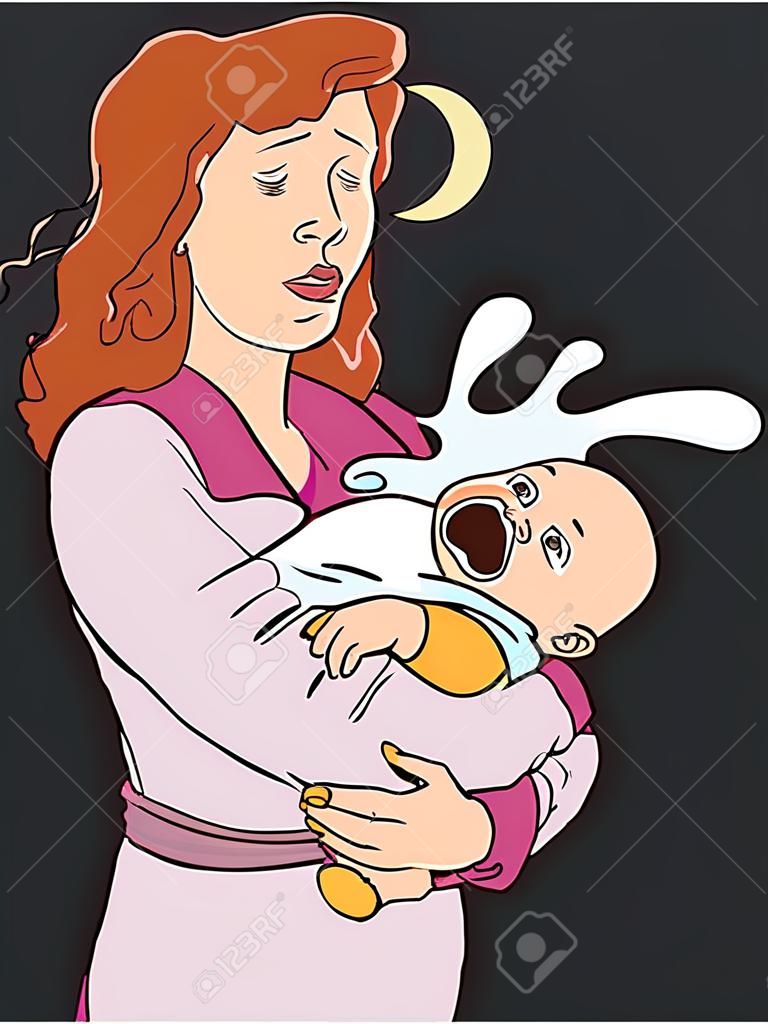 Vetor de uma mãe branca sem sono dos desenhos animados, carregando um bebê chorando