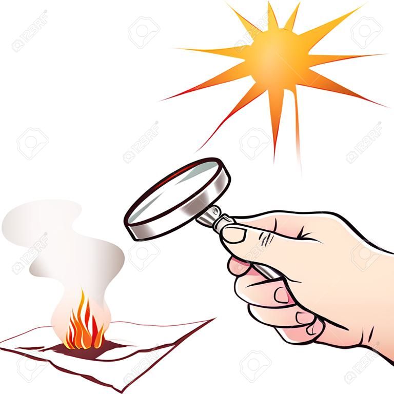 Magnifying lens used to concentrate some solar rays on a piece of  paper. Digital illustration.