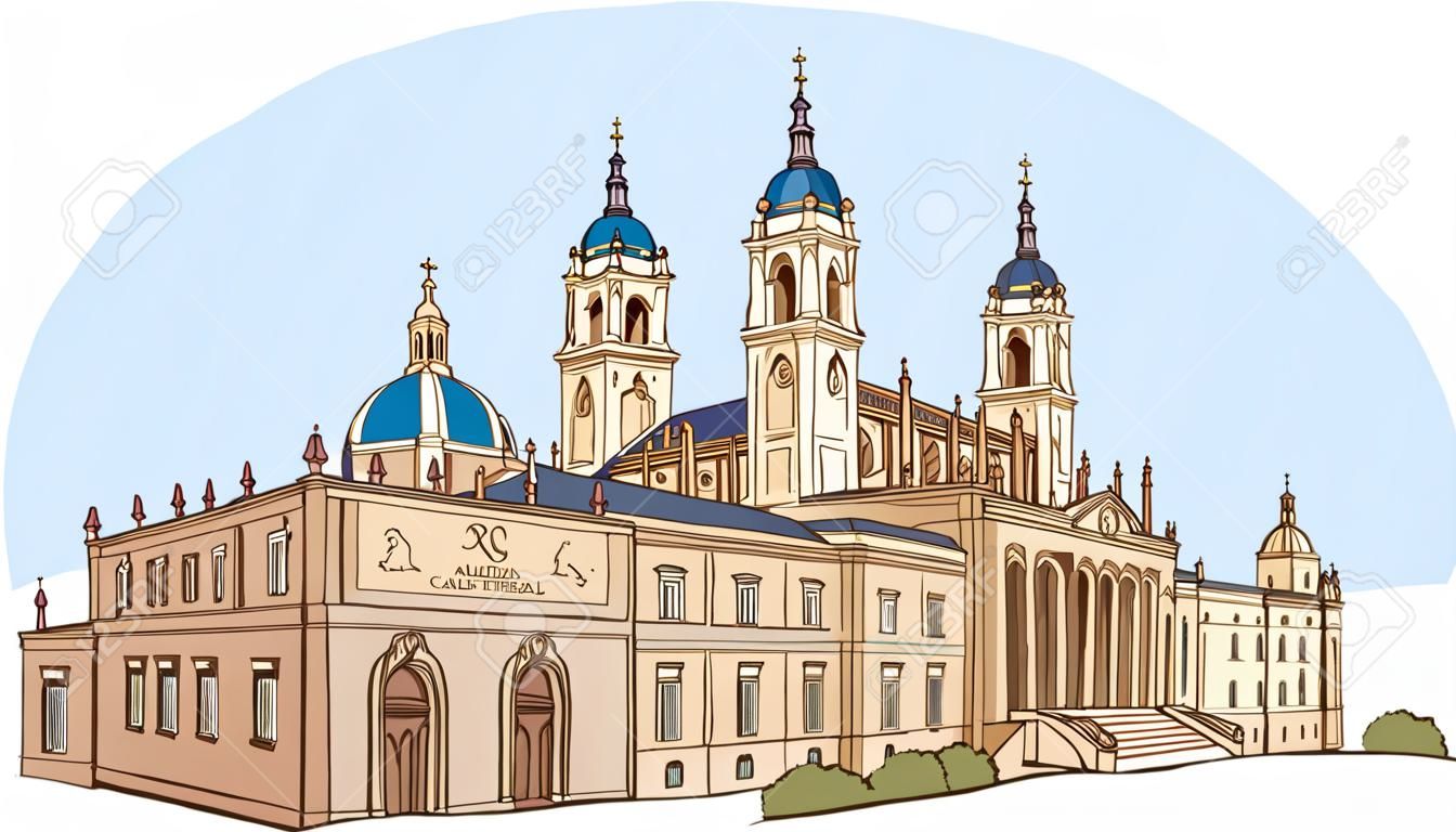 Catedral de Almudena e buen retiro parque ilustração vetorial