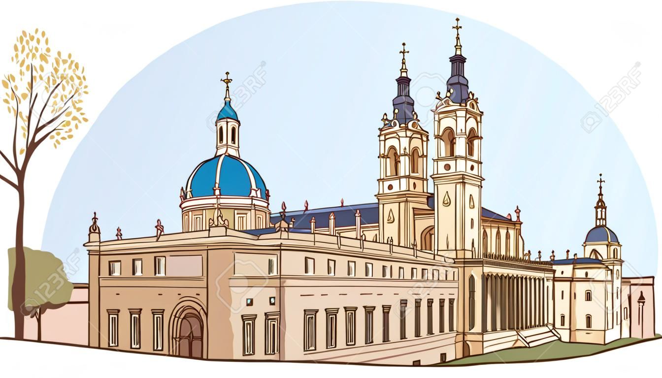 Catedral de Almudena e buen retiro parque ilustração vetorial
