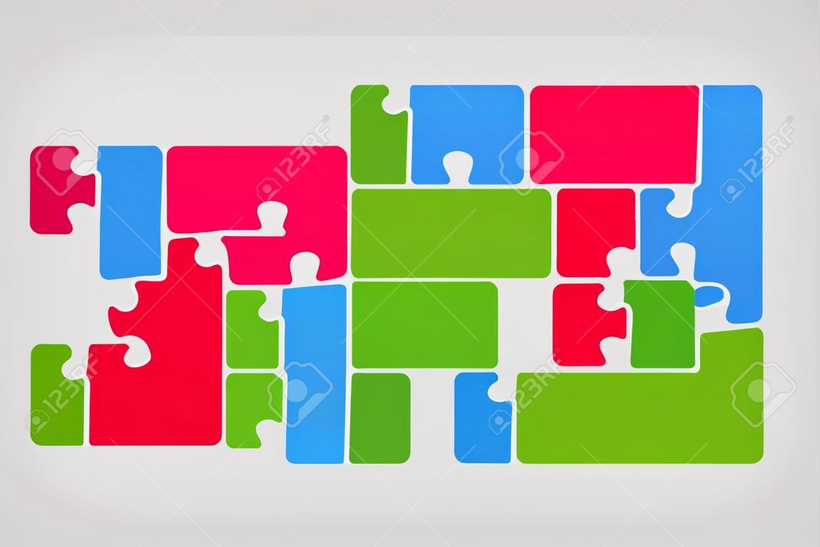 Dreifarbige Puzzle-Infografik-Präsentation. 3 Schritte Puzzle-Quadrat-Geschäftsdiagramm. Bunte vier Abschnitte vergleichen Service Puzzle Banner. Vektor-Illustrations-Schablonen-Form. Puzzle-Karte.