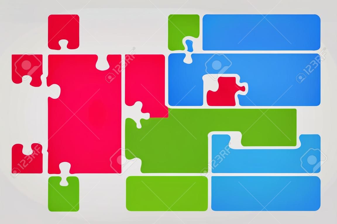 세 가지 색상 조각 퍼즐 인포 그래픽 프리젠 테이션. 3 단계 퍼즐 스퀘어 비즈니스 다이어그램. 다채로운 4 섹션 비교 서비스 퍼즐 배너입니다. 벡터 일러스트 레이 션 템플릿 모양입니다. 직소 퍼즐 카드.