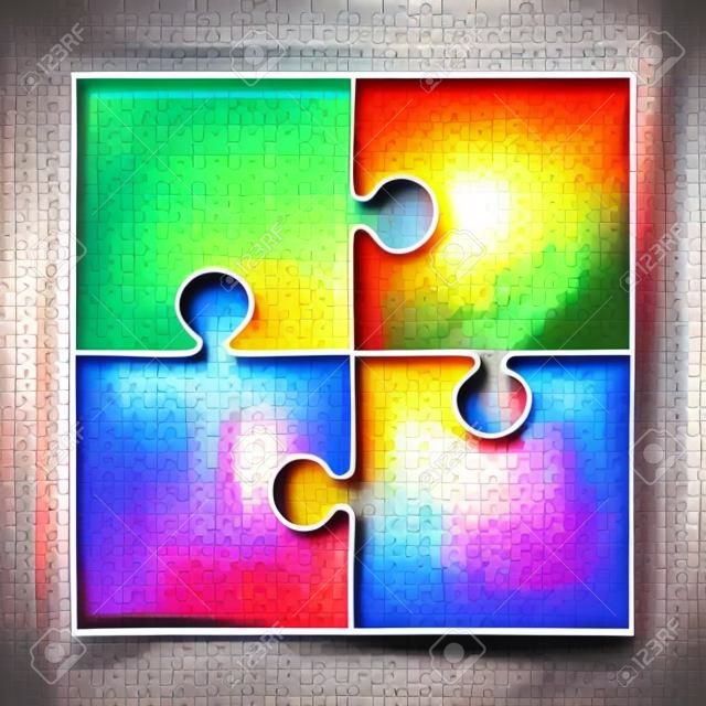 Four Color Pieces Achtergrond Puzzel. Jigsaw Banner. Vector Illustratie Template. Puzzelspel, Mozaïektegels. Puzzelstukken Stukjes Achtergrond. Rechthoekige Frame. Kinderen puzzel.