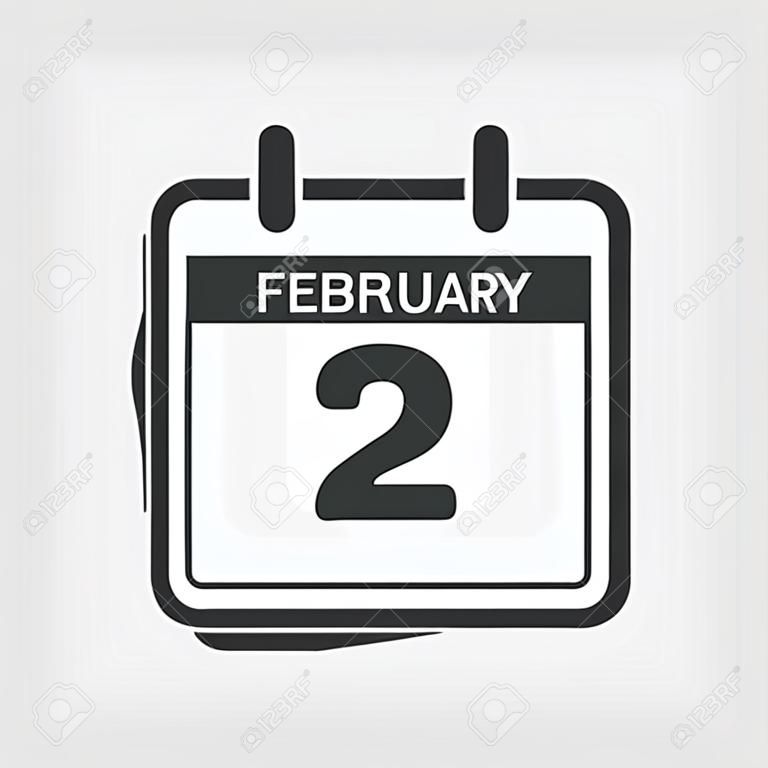 Icon page calendar day - 2 February. 2th days of the month, vector illustration flat style. Date day of week Sunday, Monday, Tuesday, Wednesday, Thursday, Friday, Saturday. Winter holidays in February