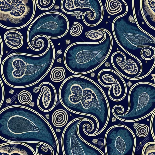 Denim background with paisley. Vector denim seamless pattern. Blue jeans background