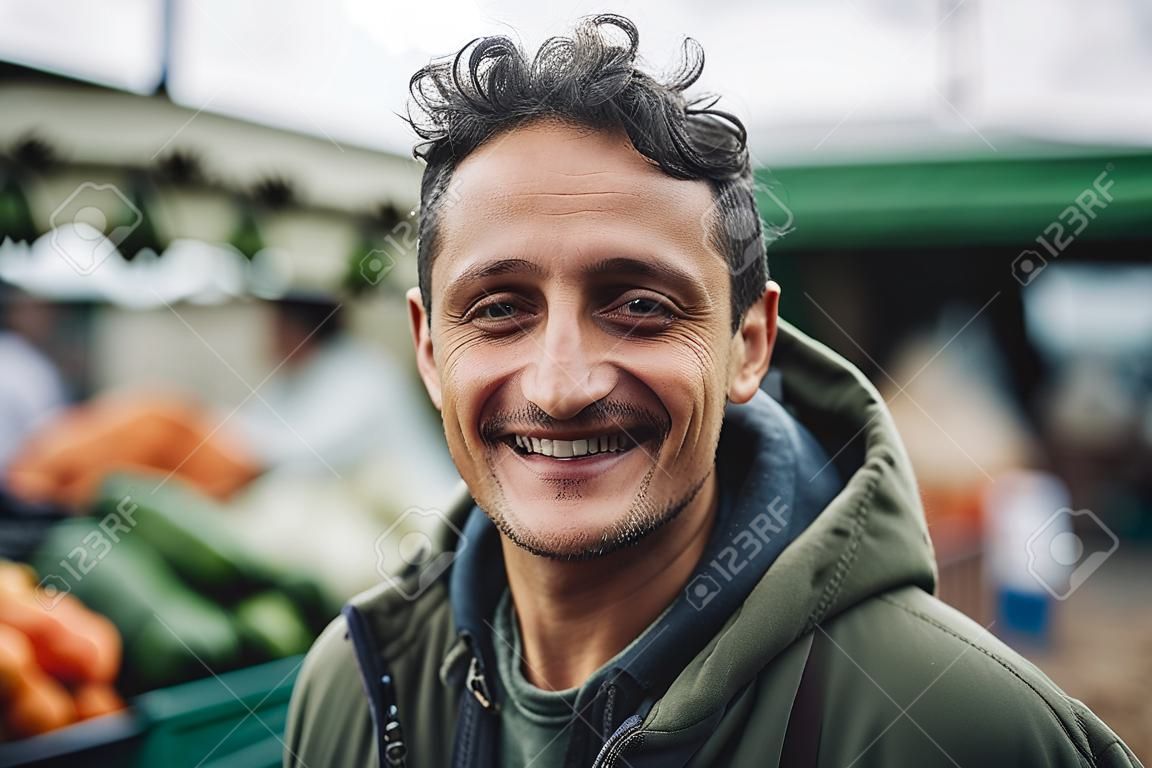 Portret uśmiechniętego mężczyzny w średnim wieku patrzącego na kamerę na rynku