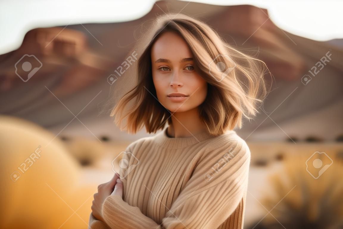 Portrait of a young beautiful woman in a sweater in the desert