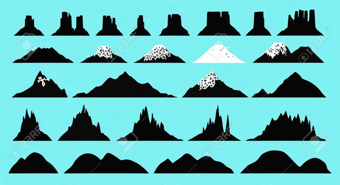 Silhouettes de différents types de montagnes, grand ensemble d'images vectorielles, illustrations de plateau, colline, rocher, haute montagne, silhouettes de volcan isolées sur blanc