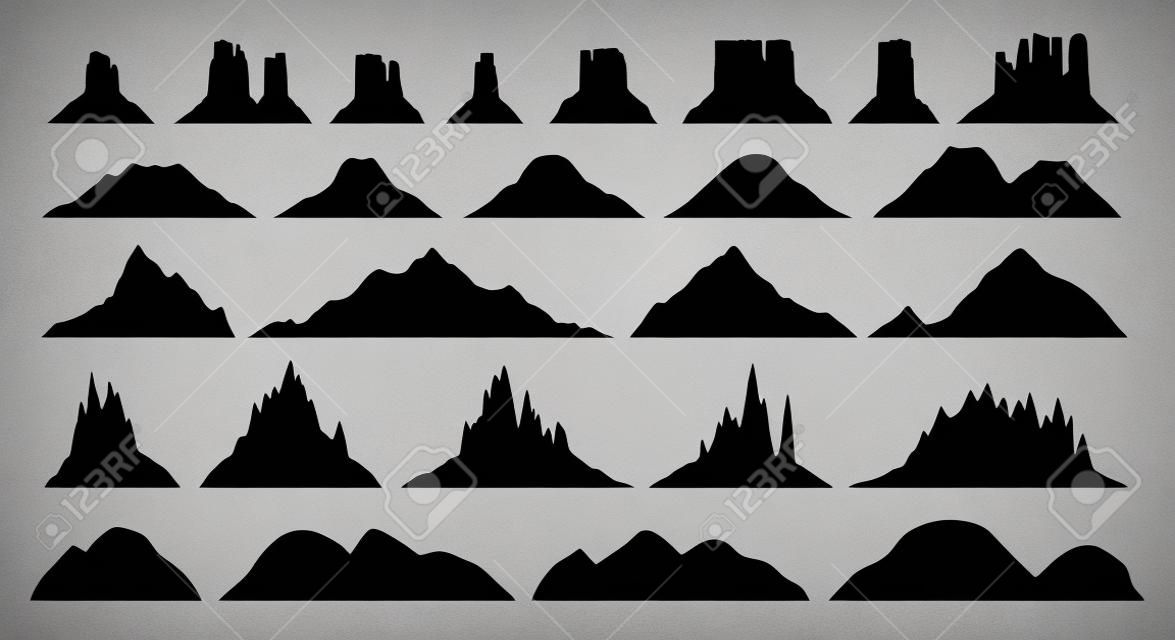 Silhuetas de diferentes tipos de montanha, grande conjunto de vetores, ilustrações de planalto, colina, rocha, planalto, silhuetas de vulcão isoladas no branco