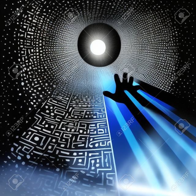 Ilustracja koncepcyjna światła na końcu, metafora życia pozagrobowego, wiedzy, śmierci klinicznej, nadziei, religii, światła na końcu tunelu, ręki sięgającej po przyćmione światło