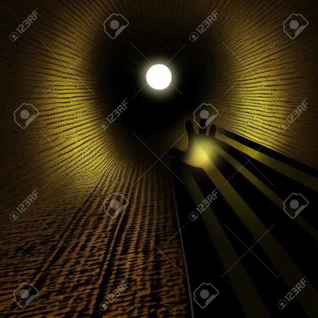 Light in the end concept illustration, a metaphor of afterlife, knowledge, clinical death, hope, religion, light in the end of the tunnel, hand reaching for dim light