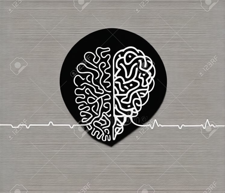 心臓対脳連続線描画概念、1線式での合理性ベクトルイラストを持つ感情、人間人格の二重性の単純な比喩