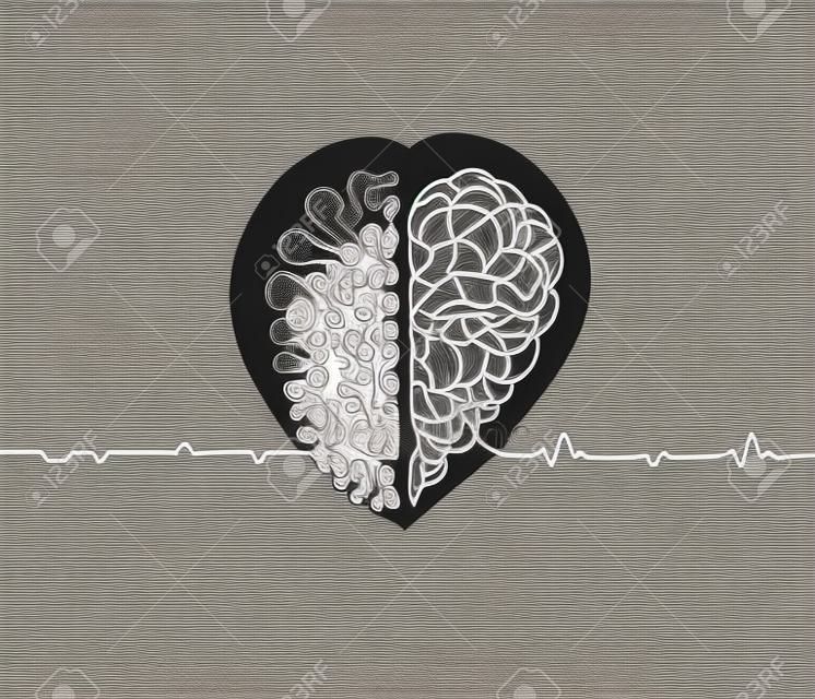 Coração vs cérebro contínuo linha desenho conceito, emoções com ilustração vetorial racionalidade em um estilo de linha, metáfora simples da dualidade da personalidade humana