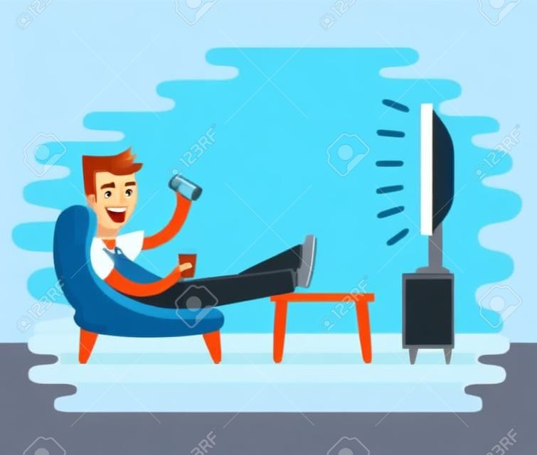 矢量圖的男人在扶手椅上看電視。電視坐在椅子上，喝酒