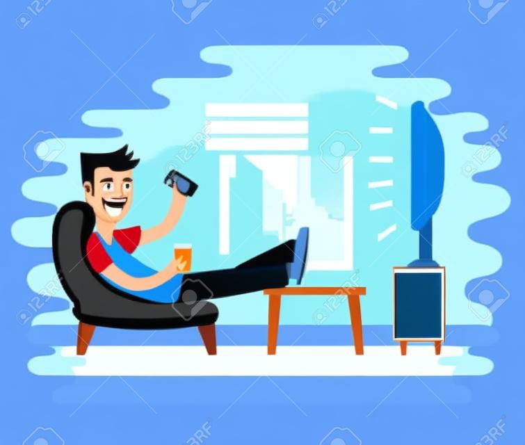 Ilustração vetorial de homem assistindo televisão na poltrona. TV e sentado na cadeira, bebendo