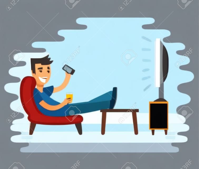 Vektor-Illustration von Menschen vor dem Fernseher auf Sessel. Tv und im Stuhl sitzt, trinken