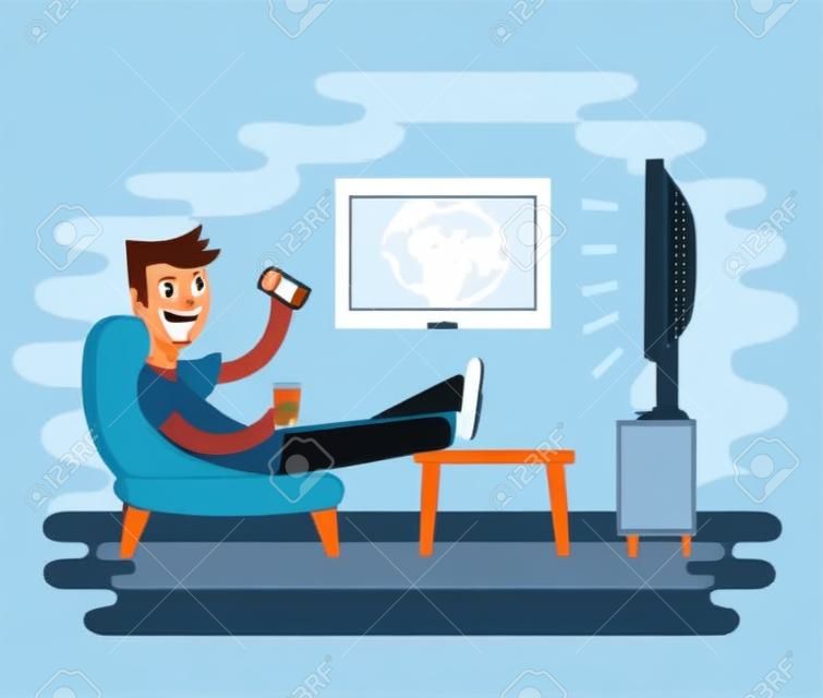 Векторная иллюстрация человека смотреть телевизор на кресле. Телевизор и сидит в кресле, пить