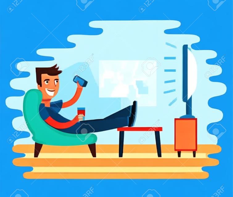 Ilustración del vector del hombre viendo la televisión en la butaca. Tv y sentado en la silla, bebiendo