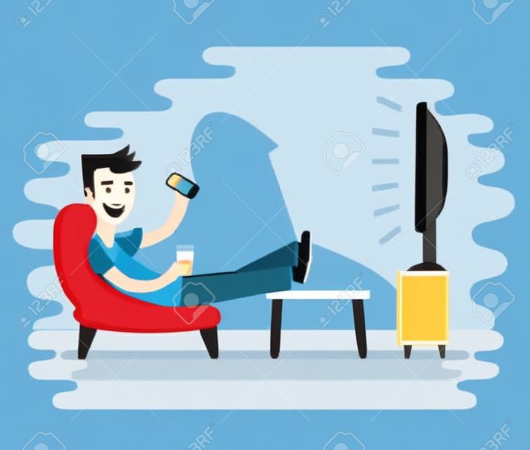 Vector illustration of man watching television on armchair. Tv and sitting in chair, drinking