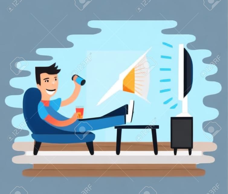 Vector illustration of man watching television on armchair. Tv and sitting in chair, drinking