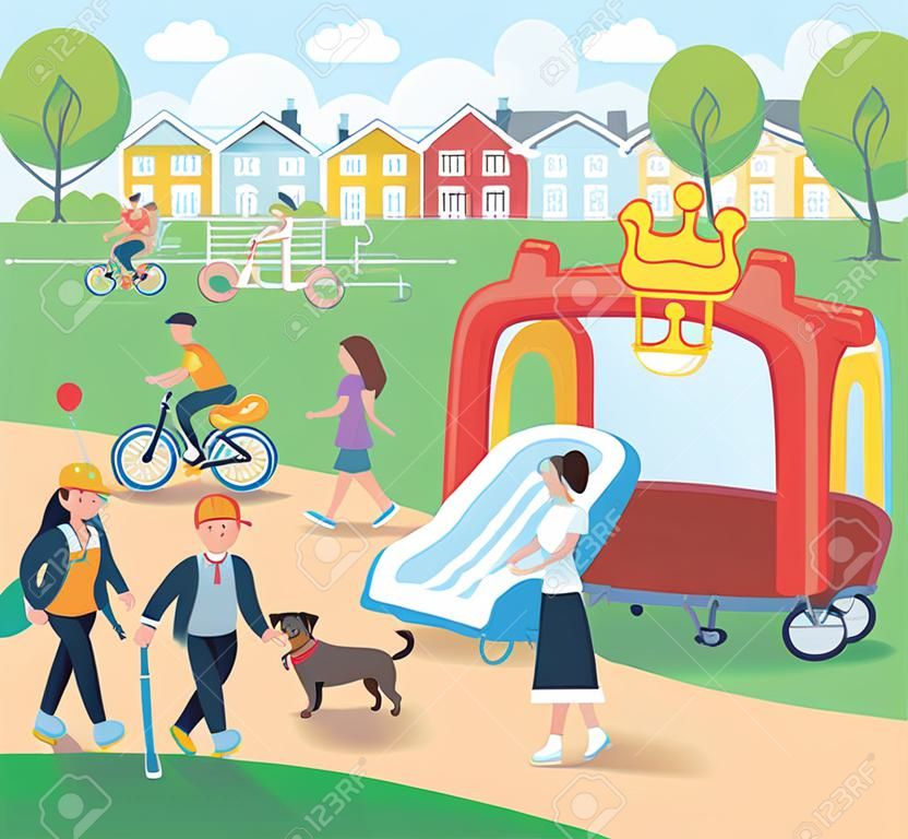 Vector cartoon illustration of rest in the park elements vector design. People spend time relaxing in nature. Parents and children are walking in the park, kids play tennis, woman and stroller. couple with dog, people on bike. Man, woman set