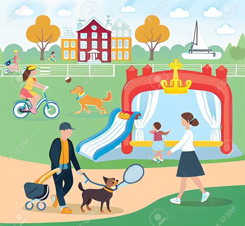 Vector cartoon illustration of rest in the park elements vector design. People spend time relaxing in nature. Parents and children are walking in the park, kids play tennis, woman and stroller. couple with dog, people on bike. Man, woman set