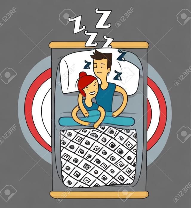 Ilustração do vetor dos desenhos animados do casal que dorme abraçando na ilustração do vetor da vista superior da cama