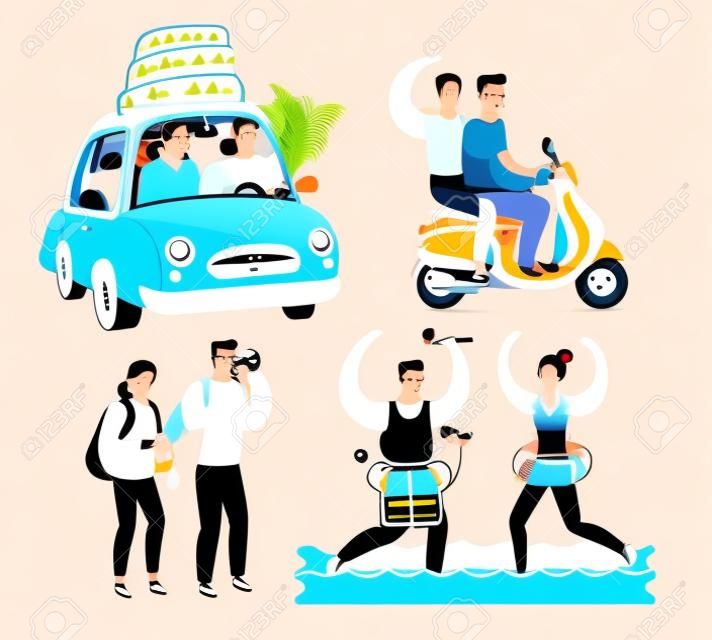 Ilustración divertida de dibujos animados de vector de pareja de jóvenes turistas. Familia de vacaciones Juntos escena En automóvil, montando en scooter, tome fotos de lugares de interés y chapotee en el mar en el resort. Caracteres sobre fondo blanco.
