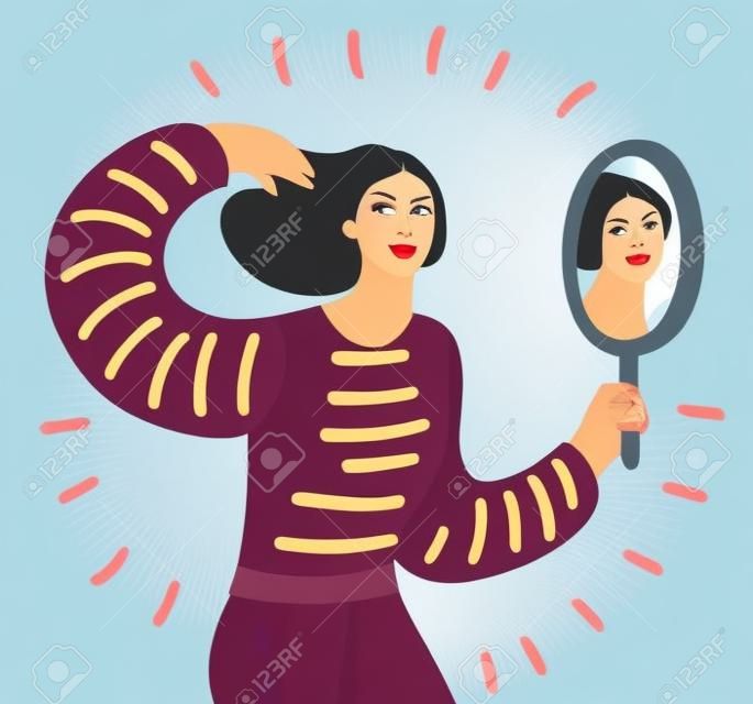 Vector cartoon illustration o Woman watching a mirror and admires herself, self-confidence, narcissism.