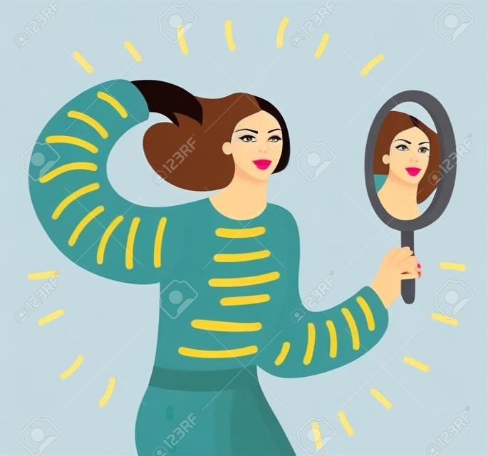 矢量卡通插畫o女人看著鏡子，佩服自己，自信，自戀。