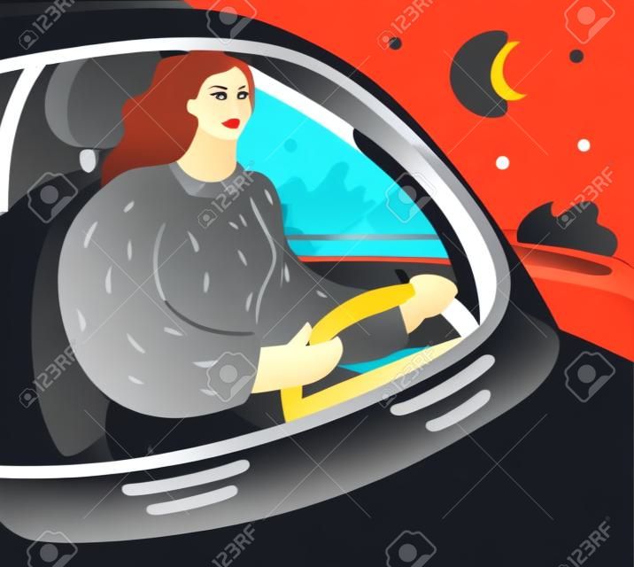 Vector cartoon illustration of business woman driving car at night. Close up view through front window.
